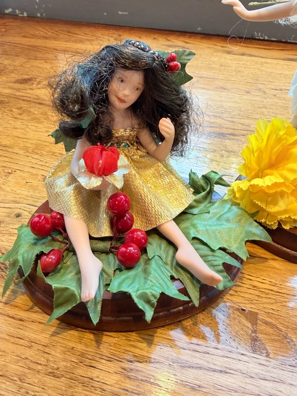 Yellow Floral Fairy Figurine on Wooden Base - Home Accents